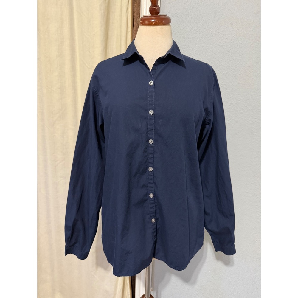 Charter Club Women Shirt L Navy Blue 100% Cotton Button Down Long Sleeve Classic